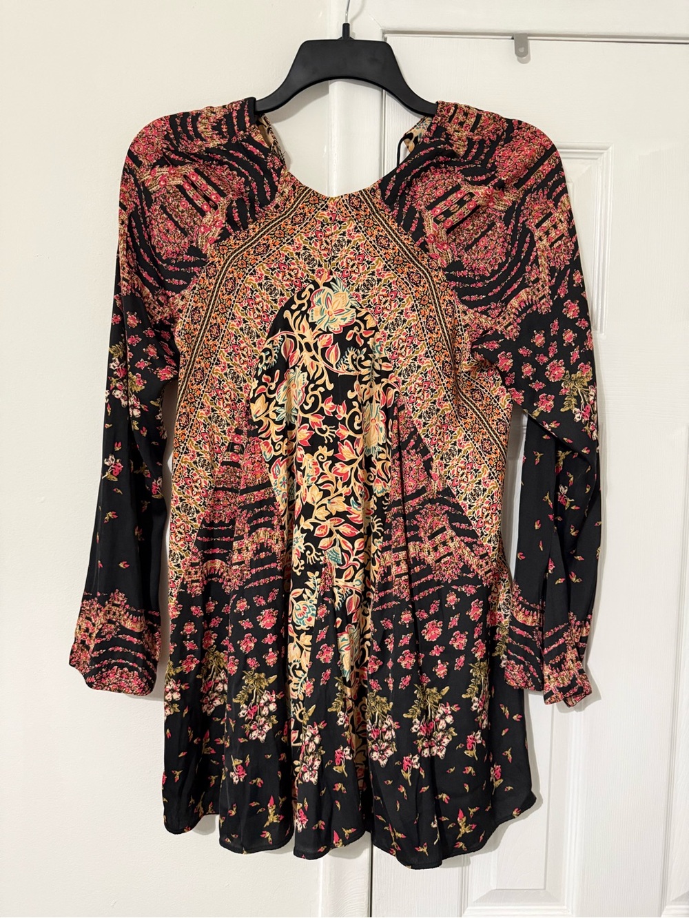 Free People Black Floral Mixed-Print Tunic with Teal and Mustard Accents